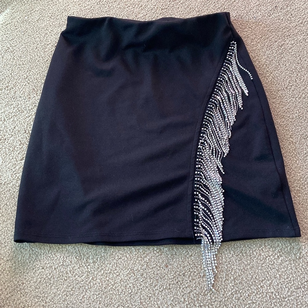 Windsor Black Pencil Skirt with Split with Rhinestone Fringe Size Small